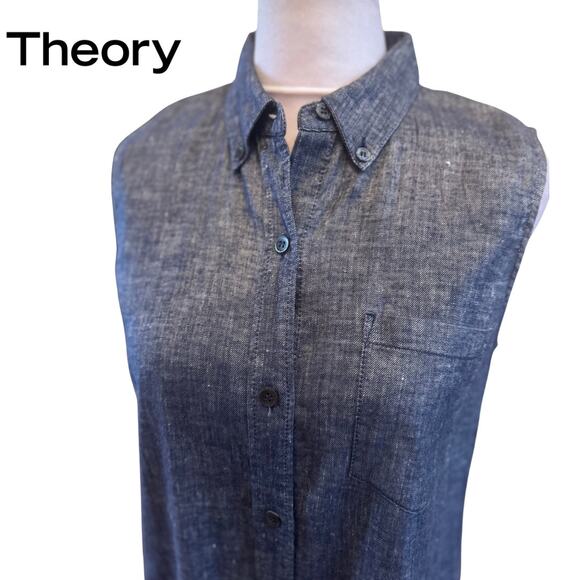 THEORY Yarine Linen Blend Dark Blue Chambray Button Up Sleeveless Small S P EUC - Picture 4 of 8
